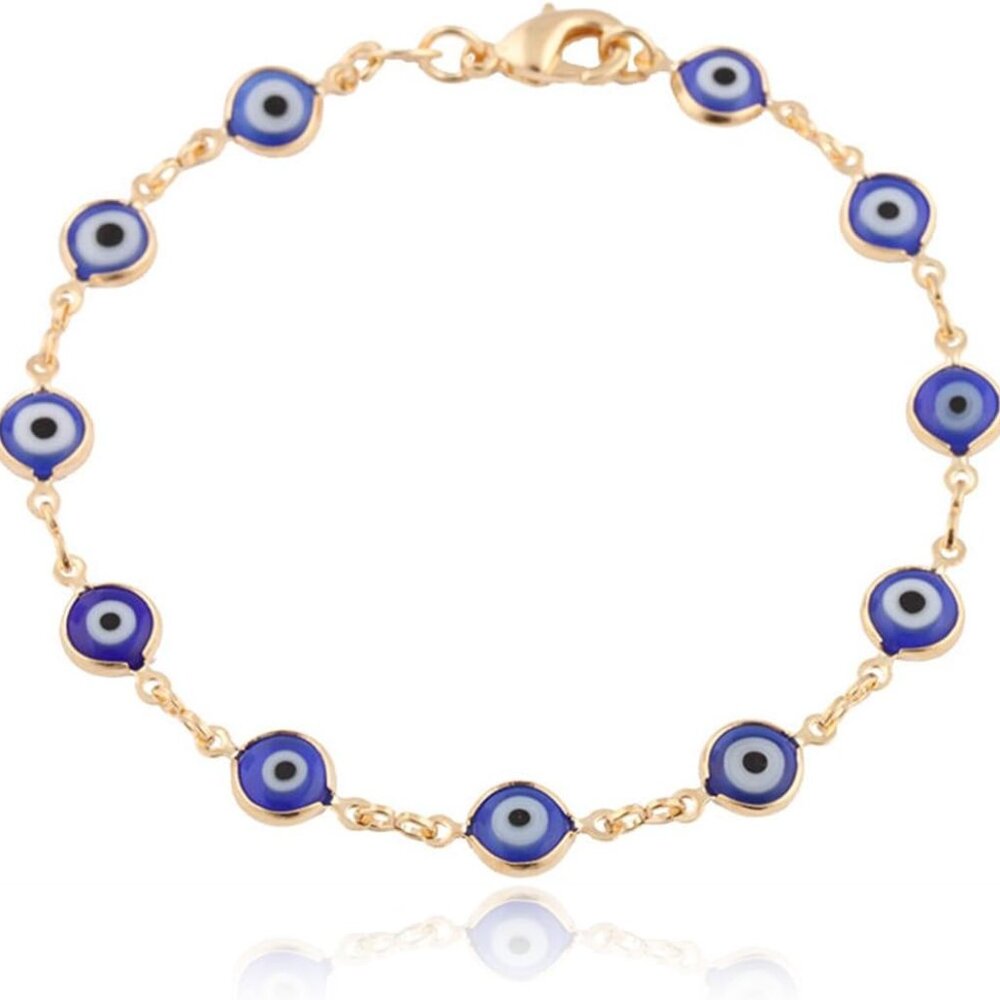 Gold Overlay with Navy Blue Mini Evil Eye Style 7.5 Inch Clasp Bracelet T-326